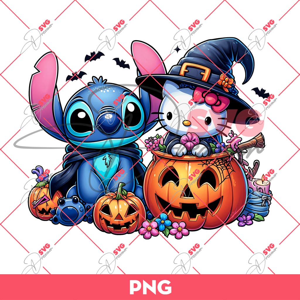Stitch And Hello Kitty Witch Halloween PNG, Cartoon Characters Halloween PNG