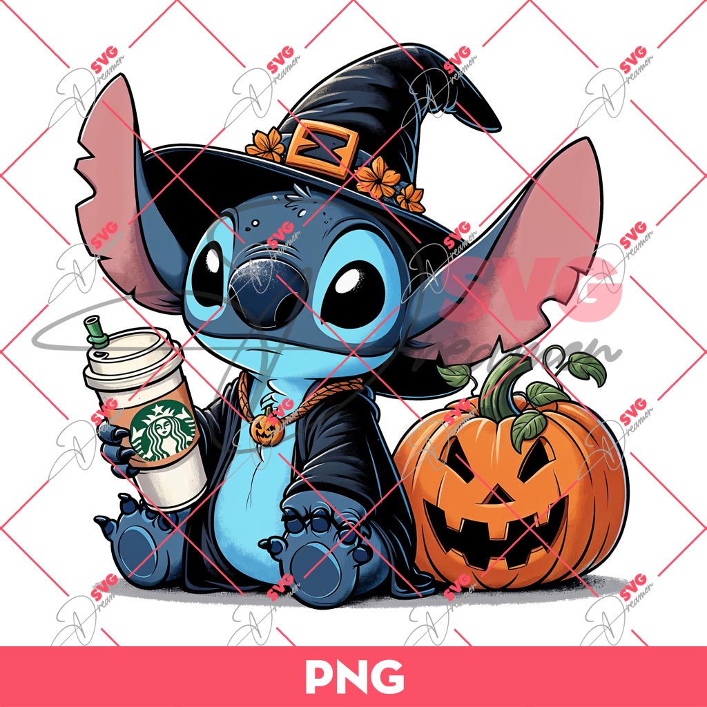 Stitch Coffee Halloween PNG, Stitch Witch And Pumpkin Halloween PNG