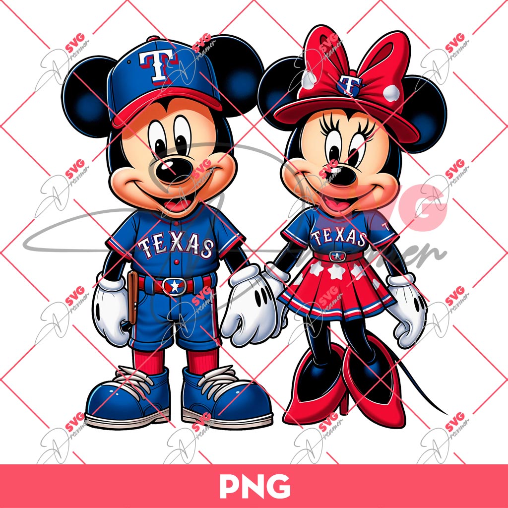 Texas Rangers Mickey And Minnie PNG, Disney Mickey Minnie Rangers MLB Baseball PNG