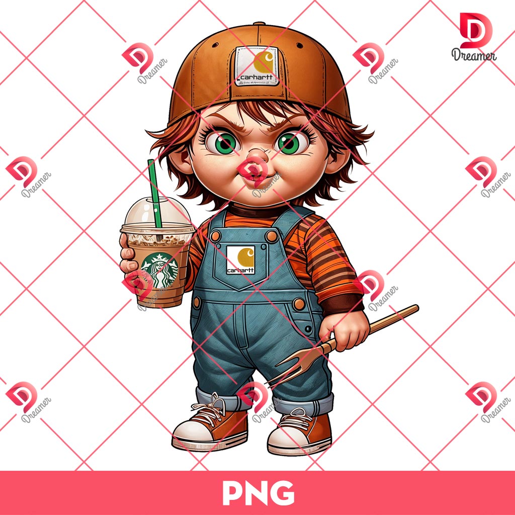 Baby Chucky Drinks Coffee Starbucks PNG, Cute Horror Characters Halloween PNG
