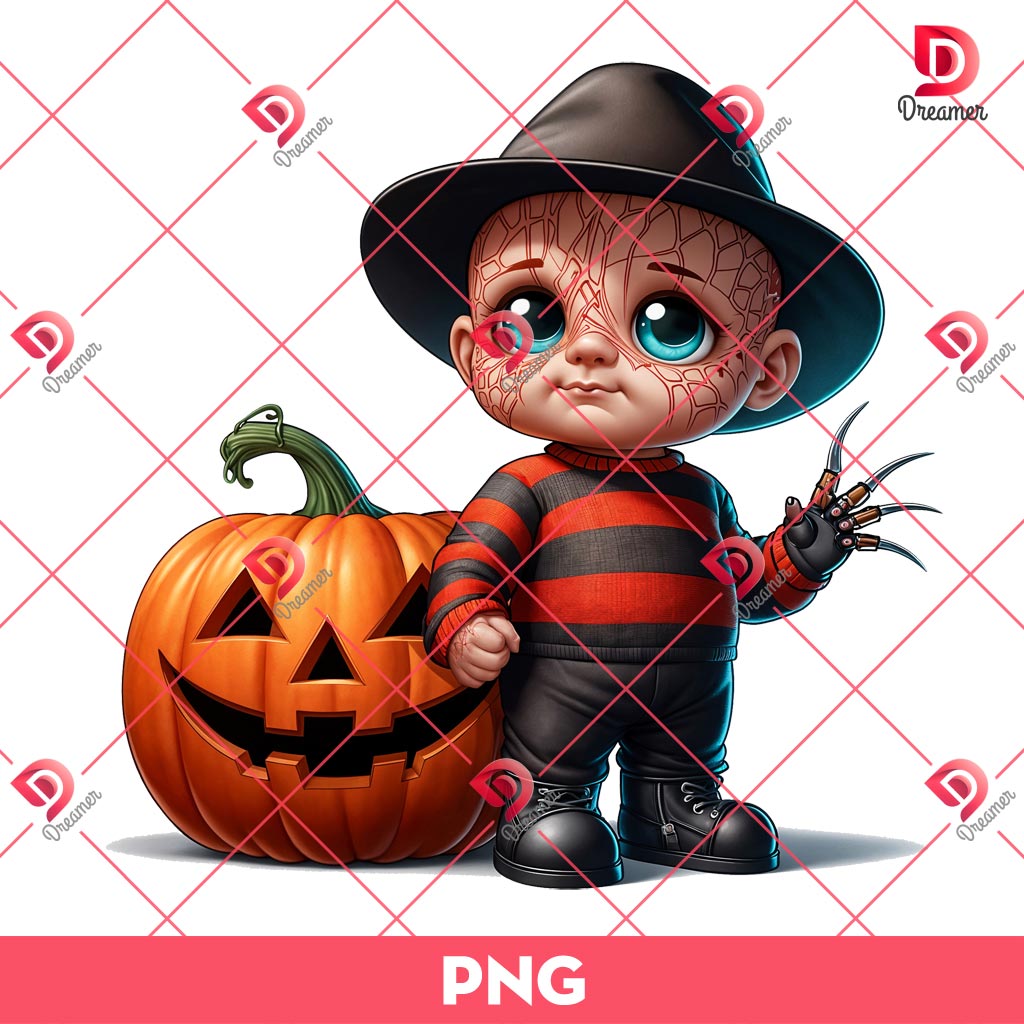 Baby Freddy Halloween PNG, Cute Freddy Krueger And Pumpkin PNG, Horror Character Halloween PNG