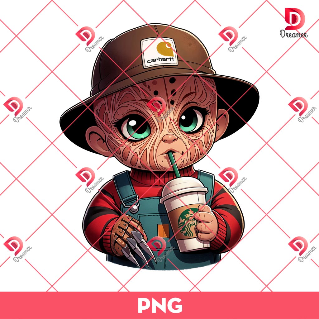 Baby Freddy Krueger Drinks Coffee Starbucks PNG, Cute Horror Characters Halloween PNG