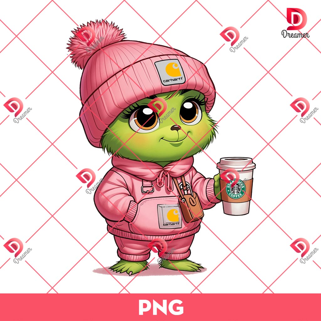 Baby Grinch PNG, Cute Grinch With Starbucks Coffee PNG