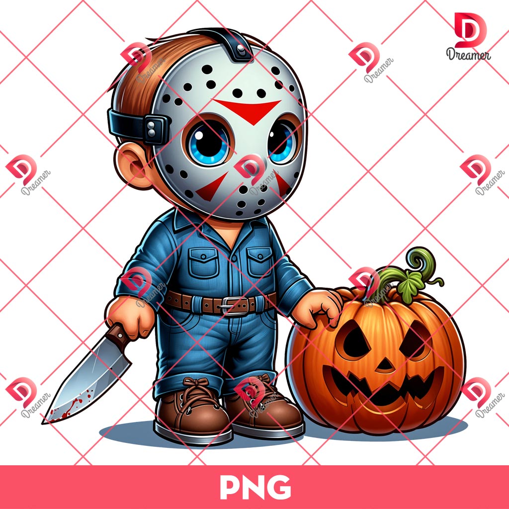Baby Jason And Pumpkin PNG, Cute Jason Voorhees Halloween PNG, Horror Character Halloween PNG