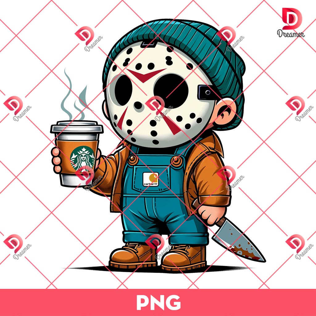 Baby Jason Voorhees Drinks Coffee Starbucks PNG, Cute Horror Characters Halloween PNG