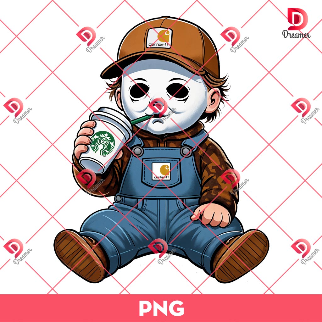 Baby Michael Myers Drinks Coffee Starbucks PNG, Cute Horror Characters Halloween PNG