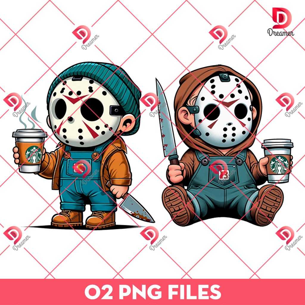 Baby Jason Voorhees Drinks Coffee Starbucks PNG, Cute Horror Characters Halloween PNG