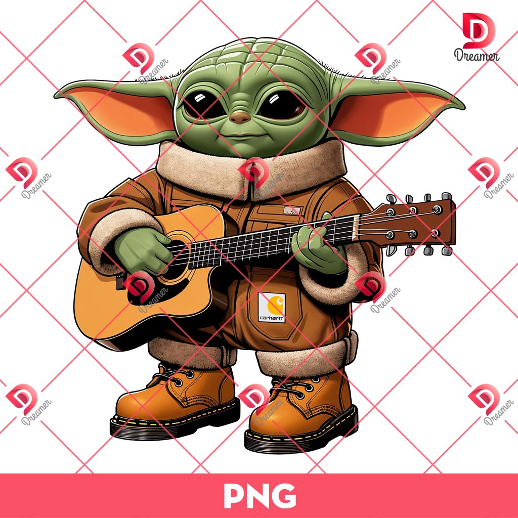 Baby Yoda Wearing Carhartt Outfits PNG, Baby Yoda Playing Guitar PNG