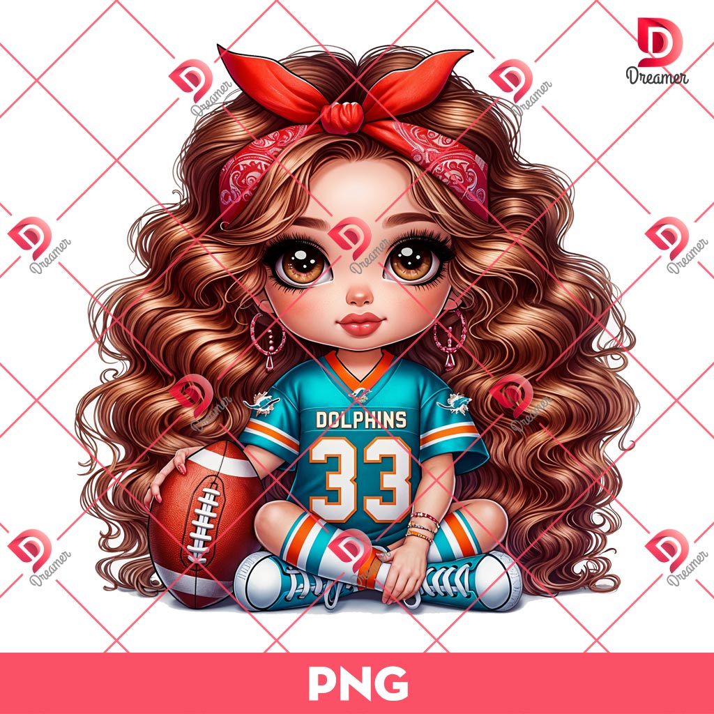 Beautiful Girl Miami Dolphins PNG, Cute Cartoon Girl NFL Football PNG