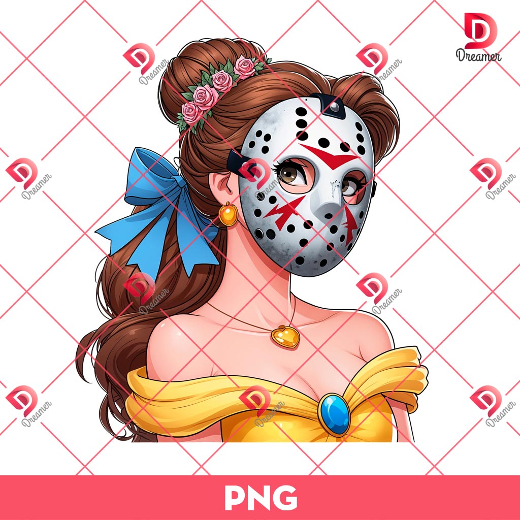 Belle Princess Jason Voorhees PNG, Disney Princess Horror Characters PNG, Halloween PNG
