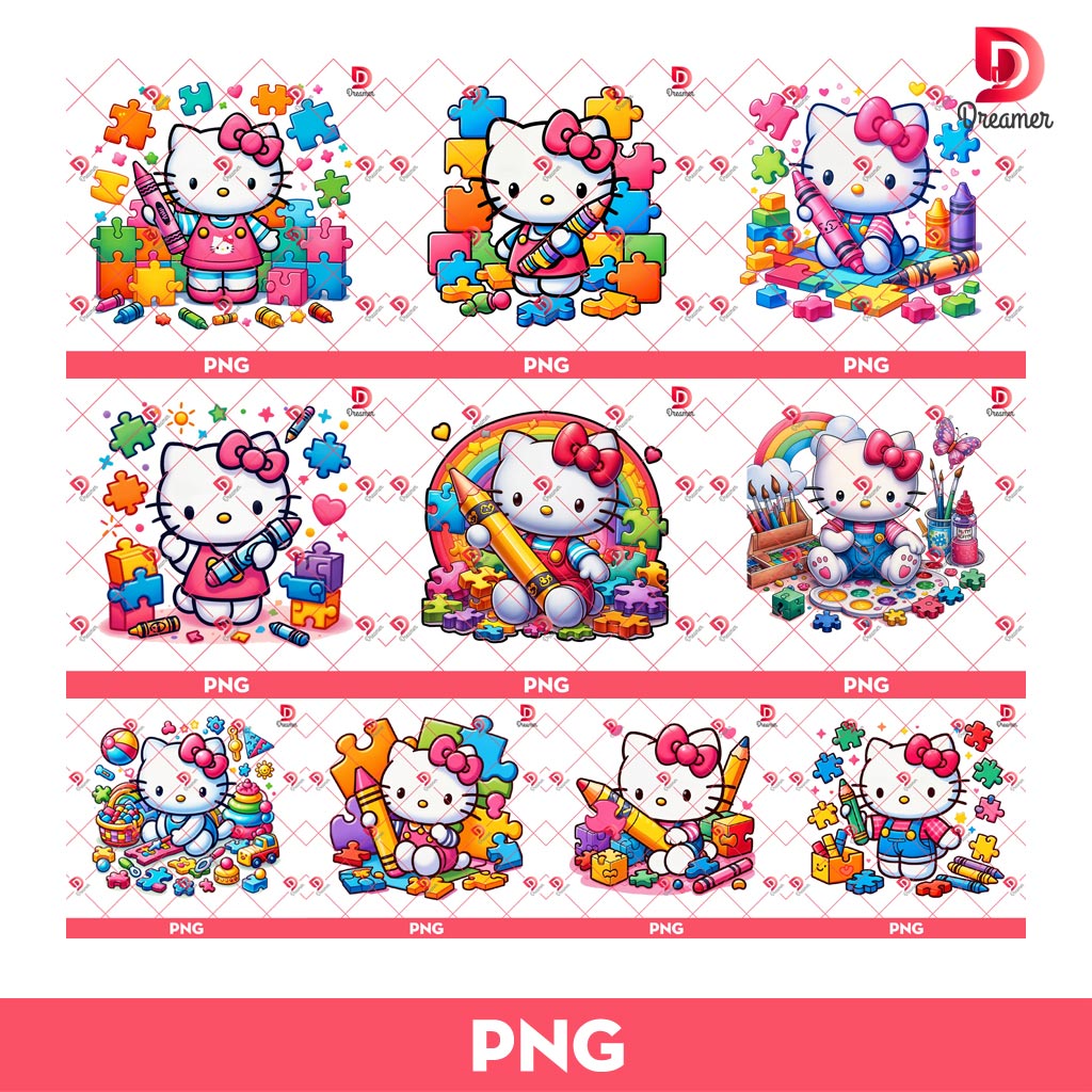Bundle Autism Hello Kitty PNG, Hello Kitty Puzzle Autism PNG Bundle