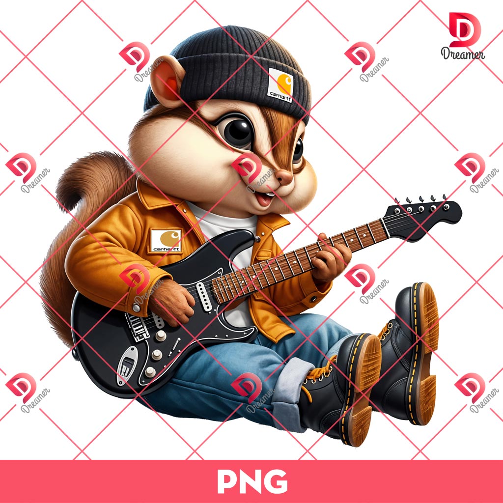 Chipmunk Playing Guitar PNG, Chipmunk Wearing A Carhartt Outfits PNG