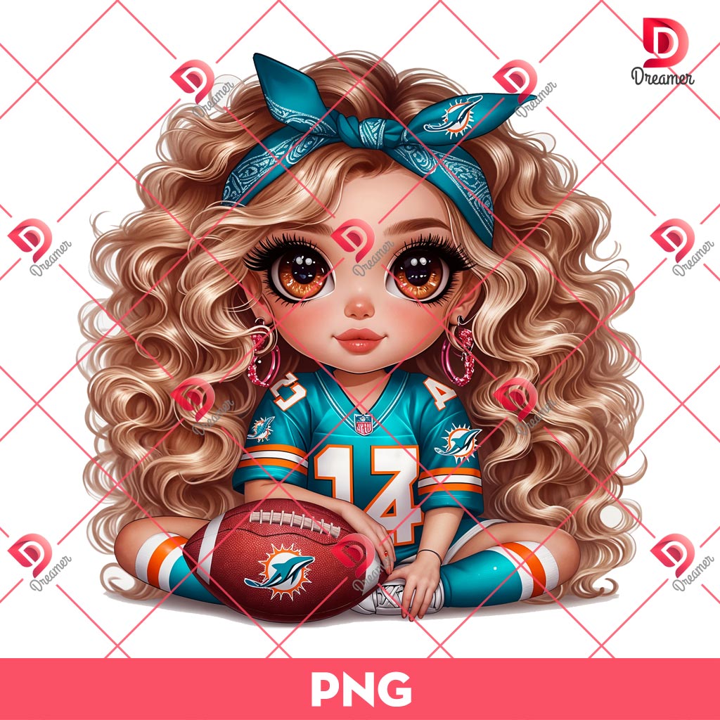 Cute Cartoon Girl Miami Dolphins PNG, Cute Girl Football NFL PNG