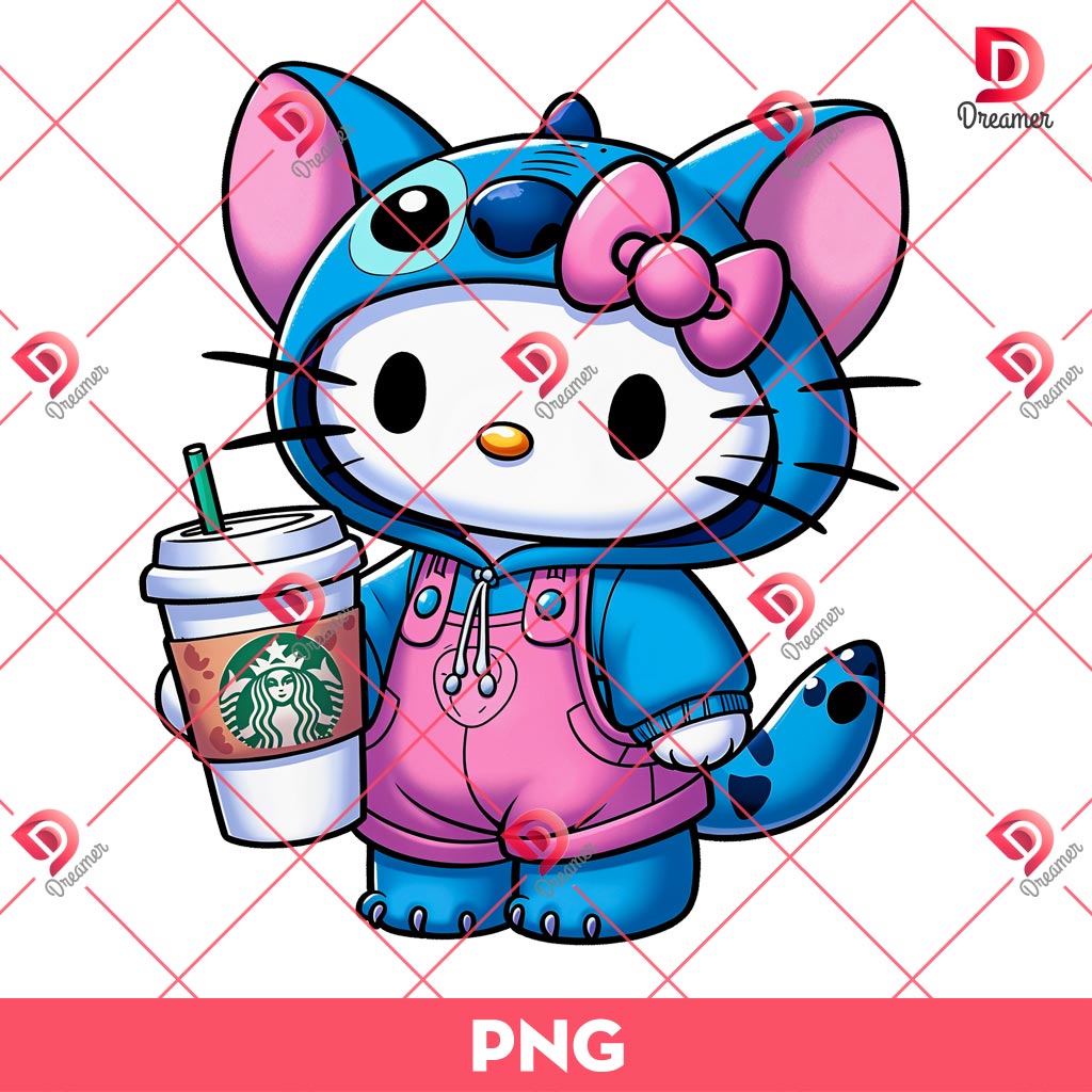 Cute Hello Kitty Stitch PNG, Hello Kitty Stitch Drinks Starbucks Coffee PNG