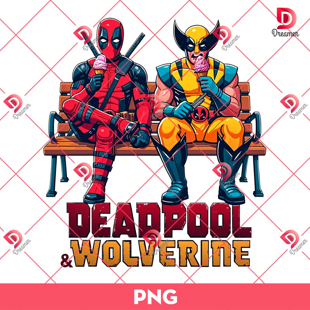Deadpool And Wolverine Eating Ice Cream PNG, Deadpool Wolverine Movie PNG, Marvel Superhero PNG