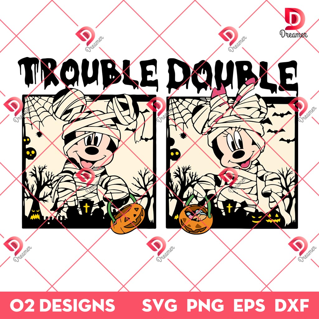 Disney Mickey Minnie Trouble Double PNG SVG, Mickey Minnie Halloween SVG PNG, Disney Mouse Mummy SVG PNG