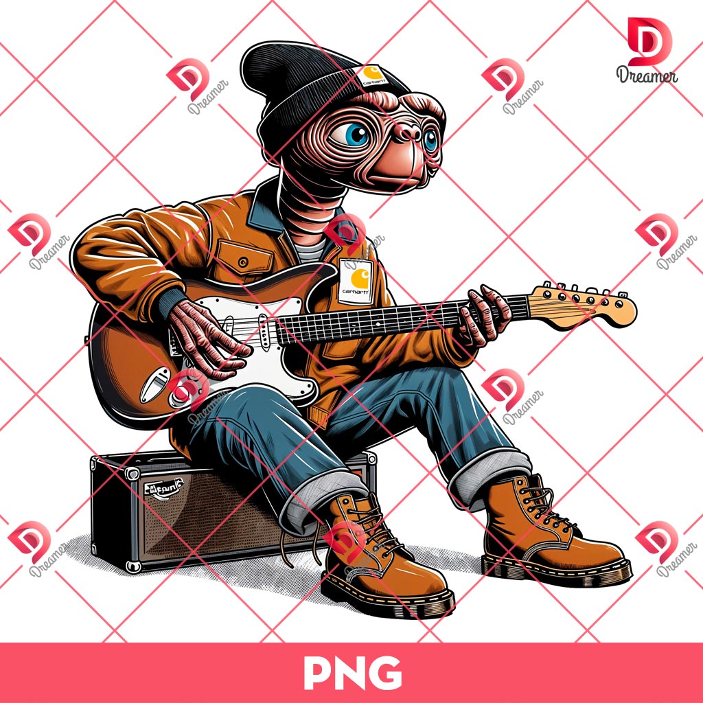 ET Alien Playing Fender Guitar PNG, ET Alien Wearing Carhartt Outfit PNG