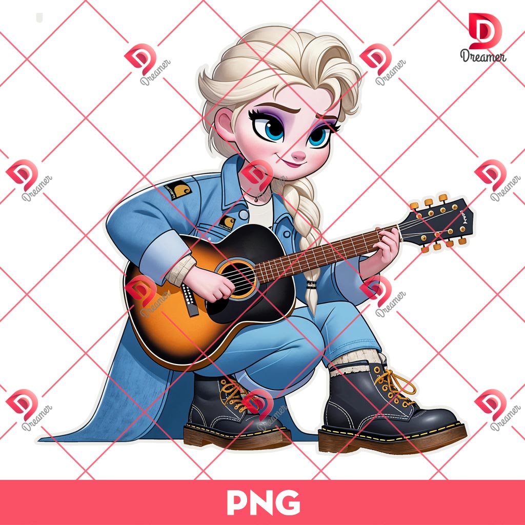 Elsa Princess Wearing Carhartt Fashion PNG, Elsa Frozen Playing Guitar PNG