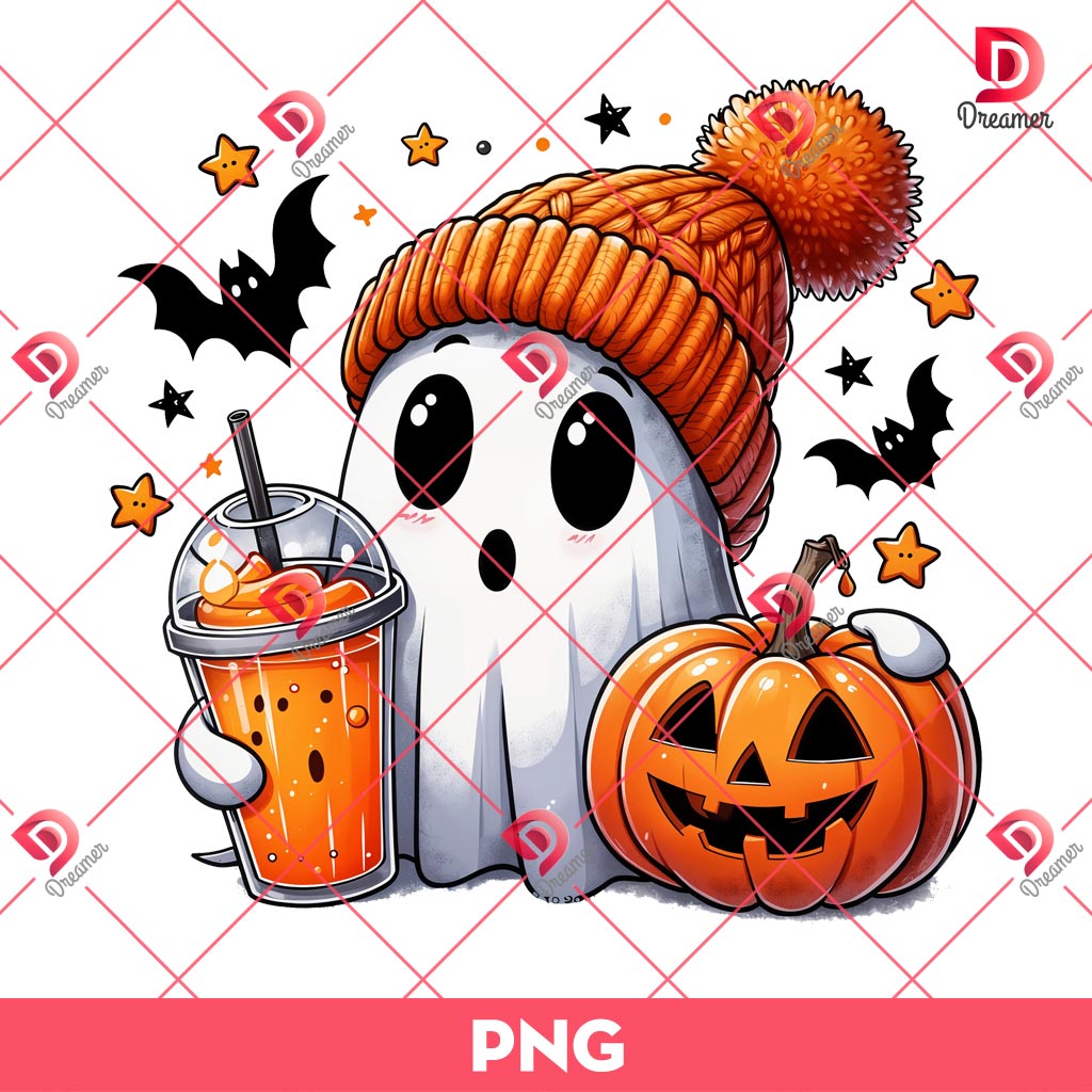 Ghost Pumpkin Coffee PNG, Cute Ghost Fall Vibes PNG, Ghost Halloween PNG