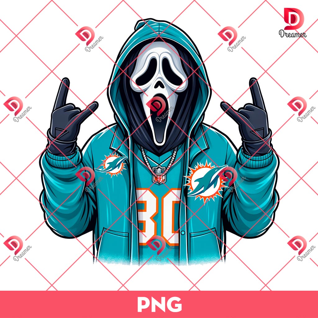 Ghostface Scream Miami Dolphins PNG, Horror Characters NFL Football PNG