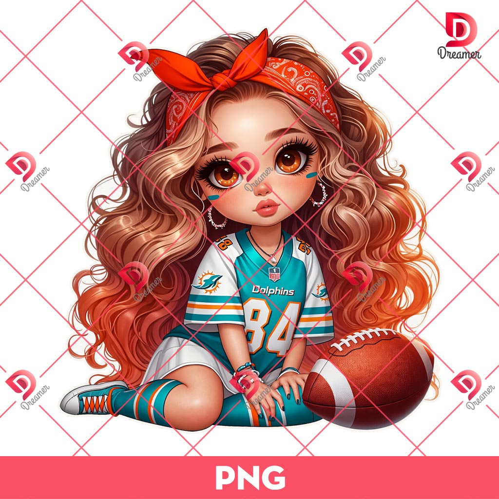 Girl Miami Dolphins NFL PNG, Cute Cartoon Girl Football PNG