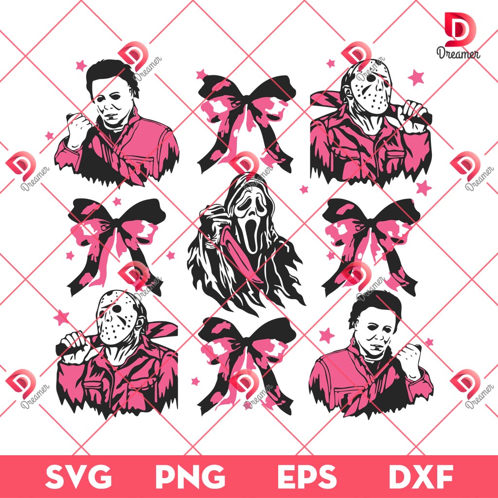 Horror Characters Coquette SVG PNG, Pink Bows Killers PNG SVG, Halloween SVG PNG