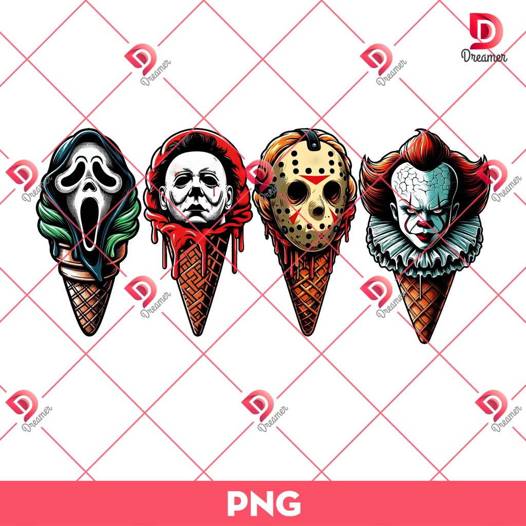 Horror Cones Halloween PNG, Horror Characters Ice Cream PNG, Scary Killers Cones Halloween PNG
