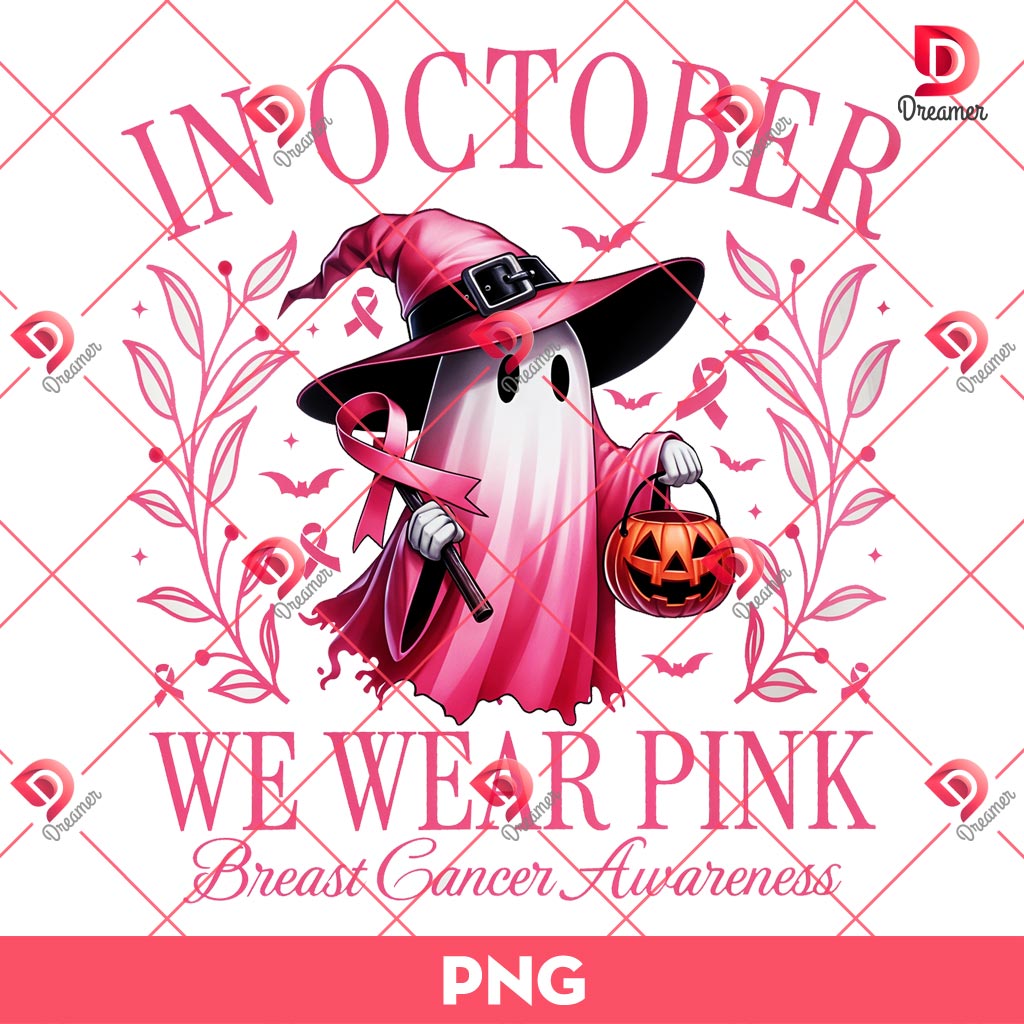 In October We Wear Pink PNG, Cute Ghost Breast Cancer Halloween PNG, Cancer Awareness PNG