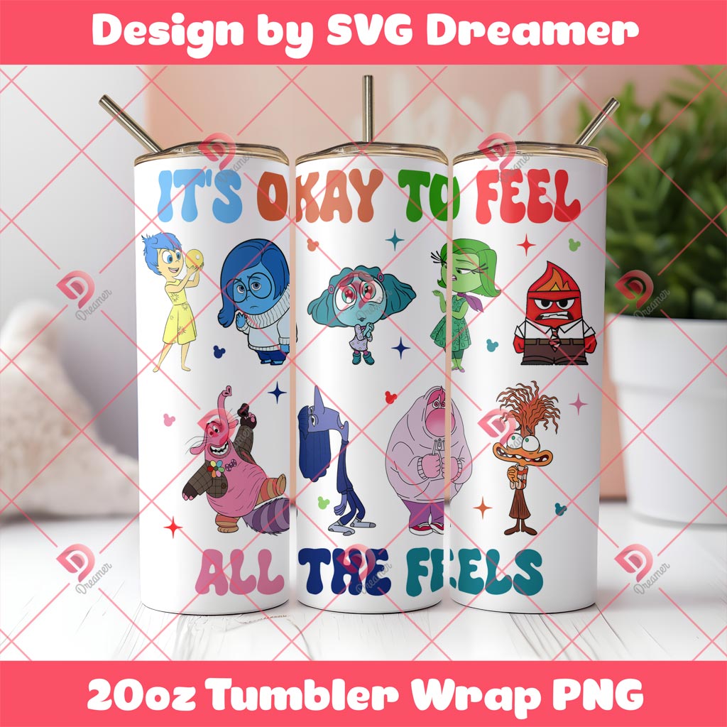 Inside Out 2 Characters PNG Tumbler Wrap 20oz, It's Okay To Feel All The Feels PNG
