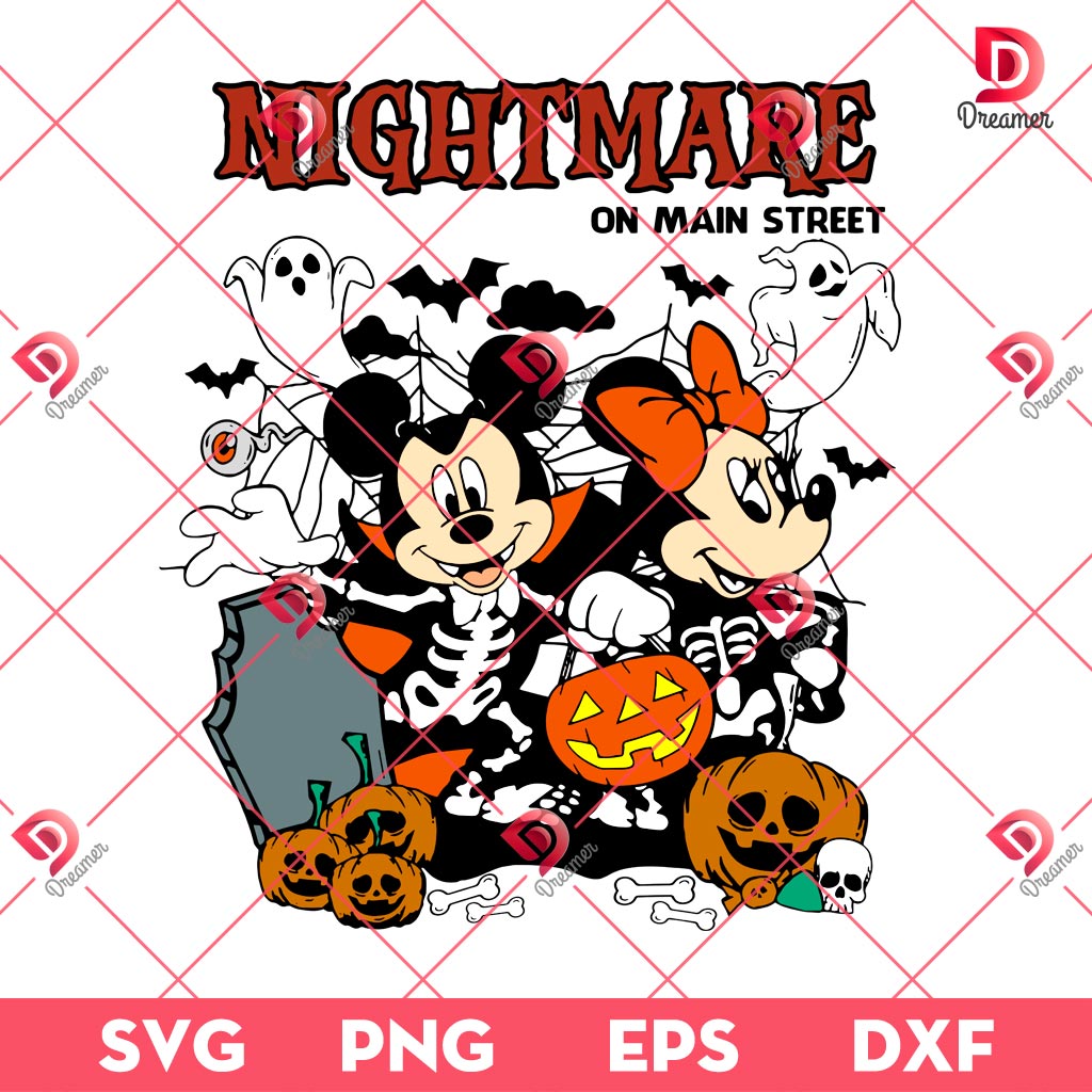 Mickey Minnie Skeleton Halloween SVG PNG, Disney Nightmare On Main Street SVG PNG