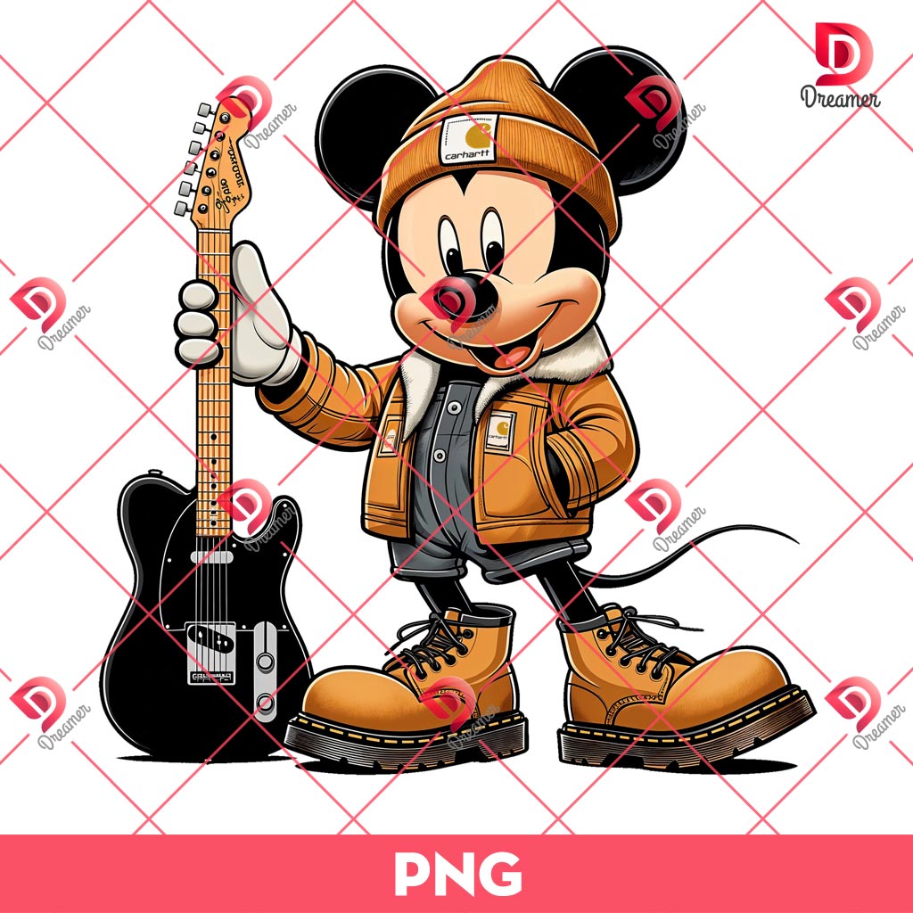 Mickey Mouse Wearing A Carhartt Outfit PNG, Mickey Holding A Fender Guitar PNG