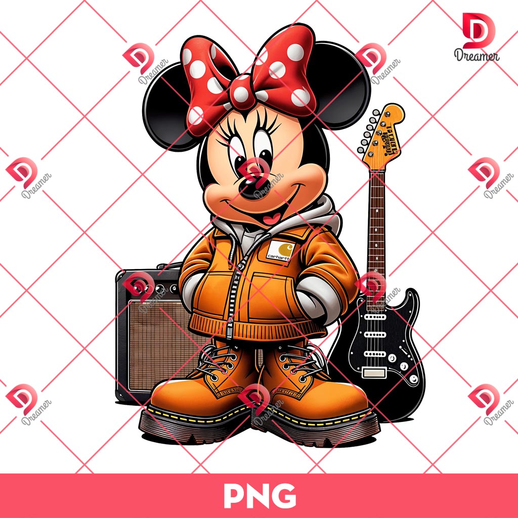Minnie Mouse Wearing A Carhartt Outfit PNG, Minnie And Fender Guitar PNG
