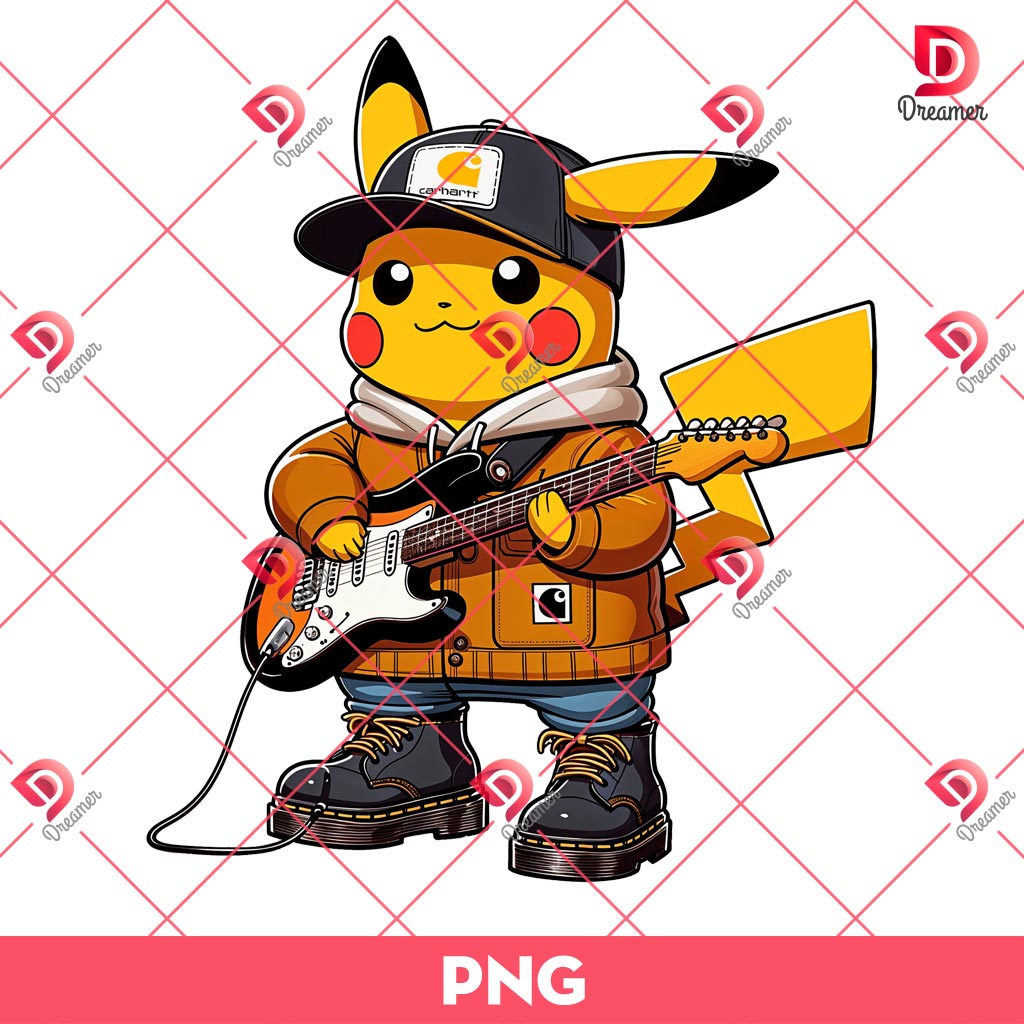 Pikachu Playing Guitar PNG, Pikachu Wearing Carhartt Outfits PNG