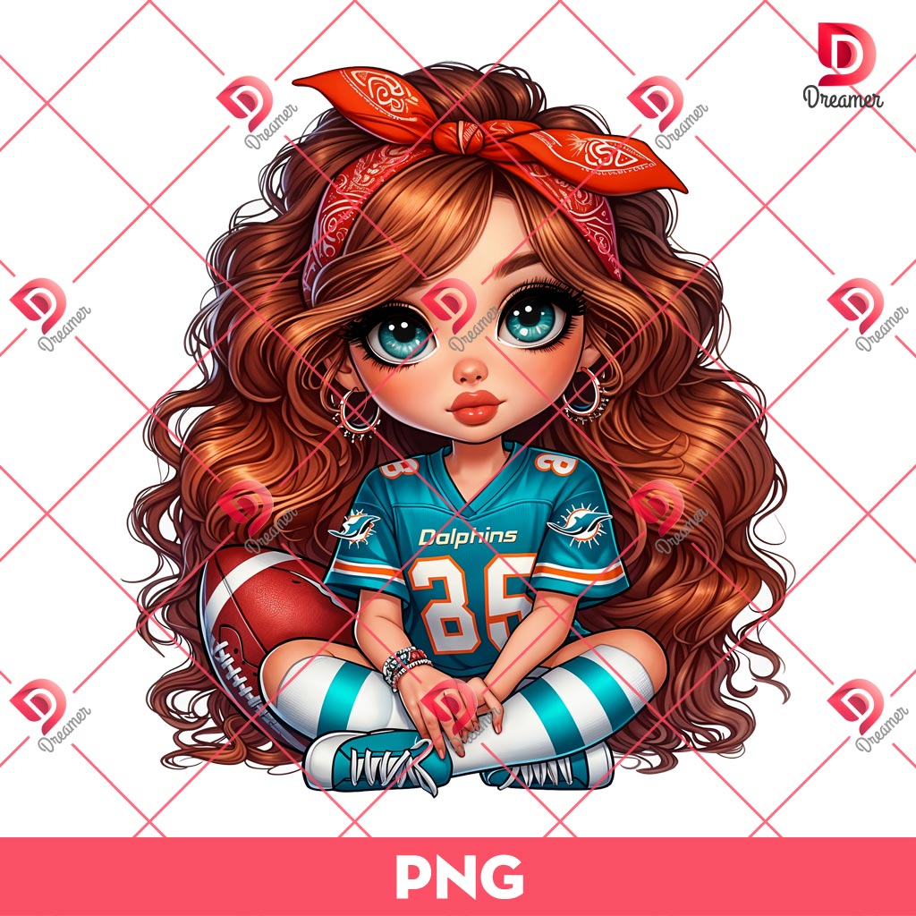 Red Hair Cute Cartoon Girl Miami Dolphins PNG, Cute Girl NFL Football PNG