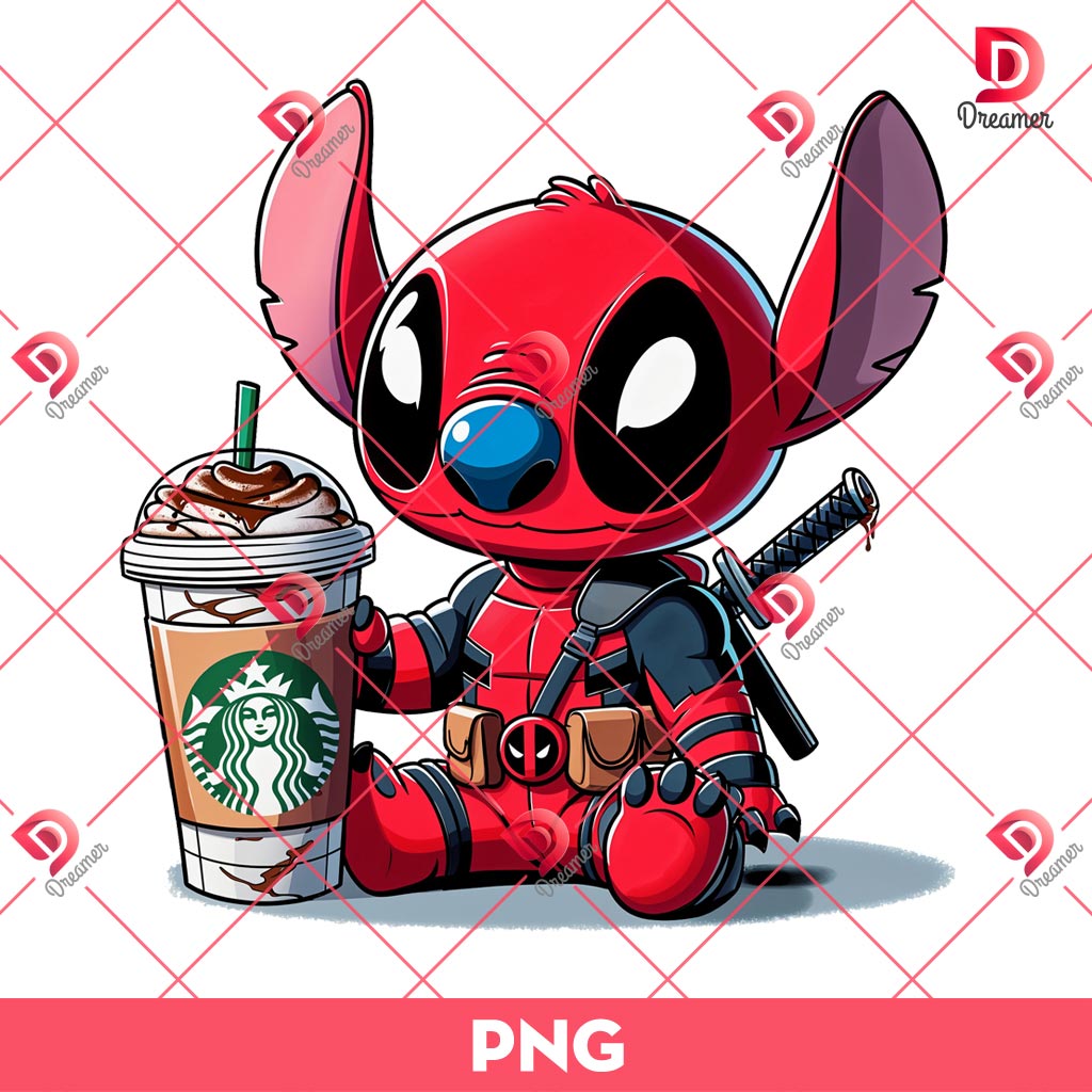 Stitch Deadpool Drinks Starbuck Coffee PNG, Deadpool Stitch PNG, Stitch Coffee PNG
