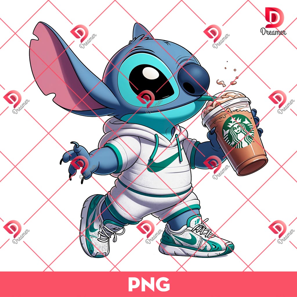 Stitch Drinks Starbucks Coffee PNG, Stitch Wearing Nike Fashion PNG