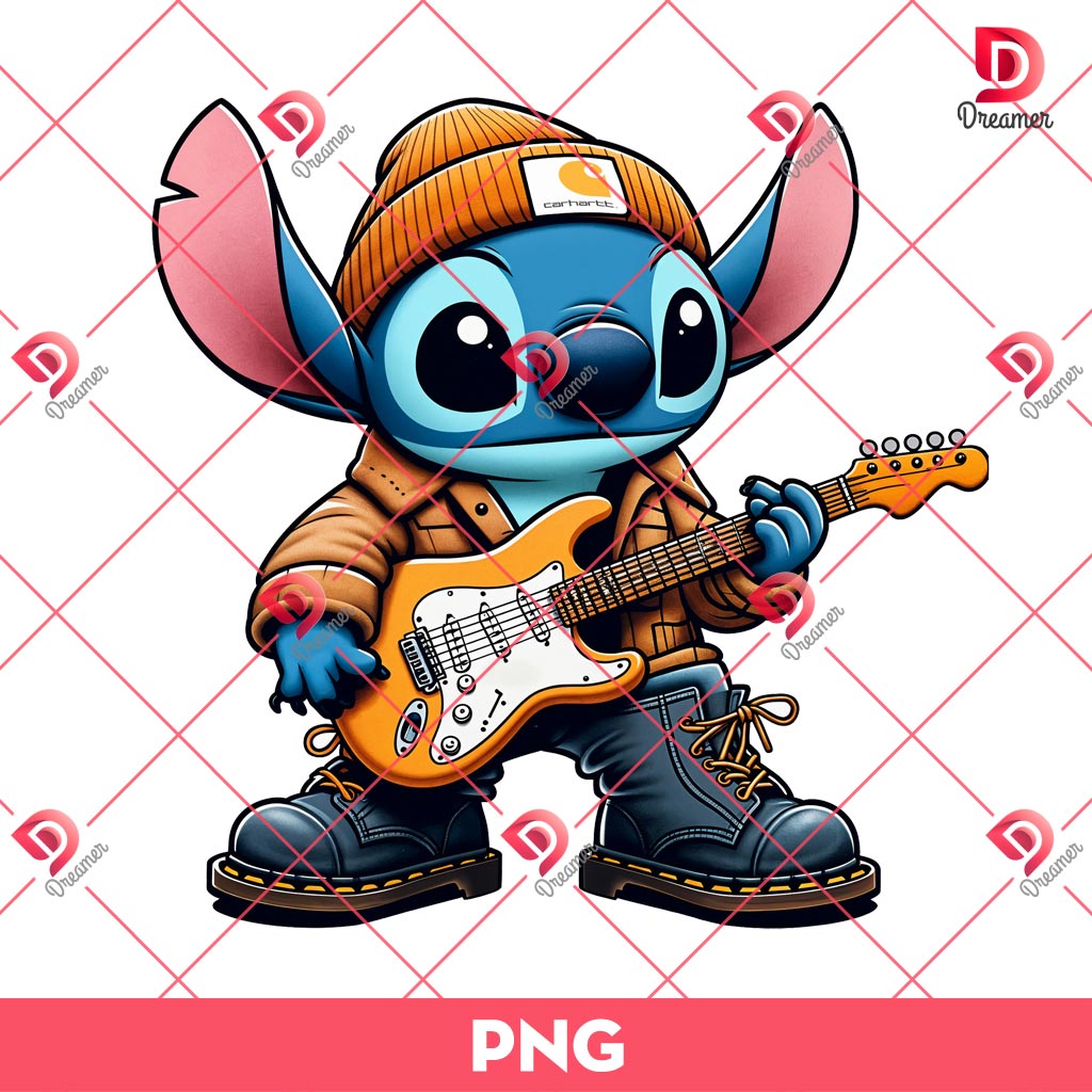 Stitch Playing Guitar PNG, Stitch Wearing Carhartt Fashion PNG