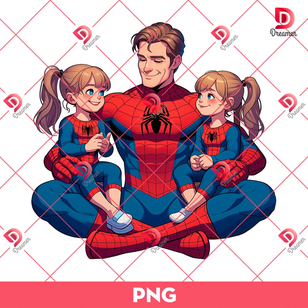 Superhero Spiderman Dad With Daughters PNG, Superhero Dad PNG
