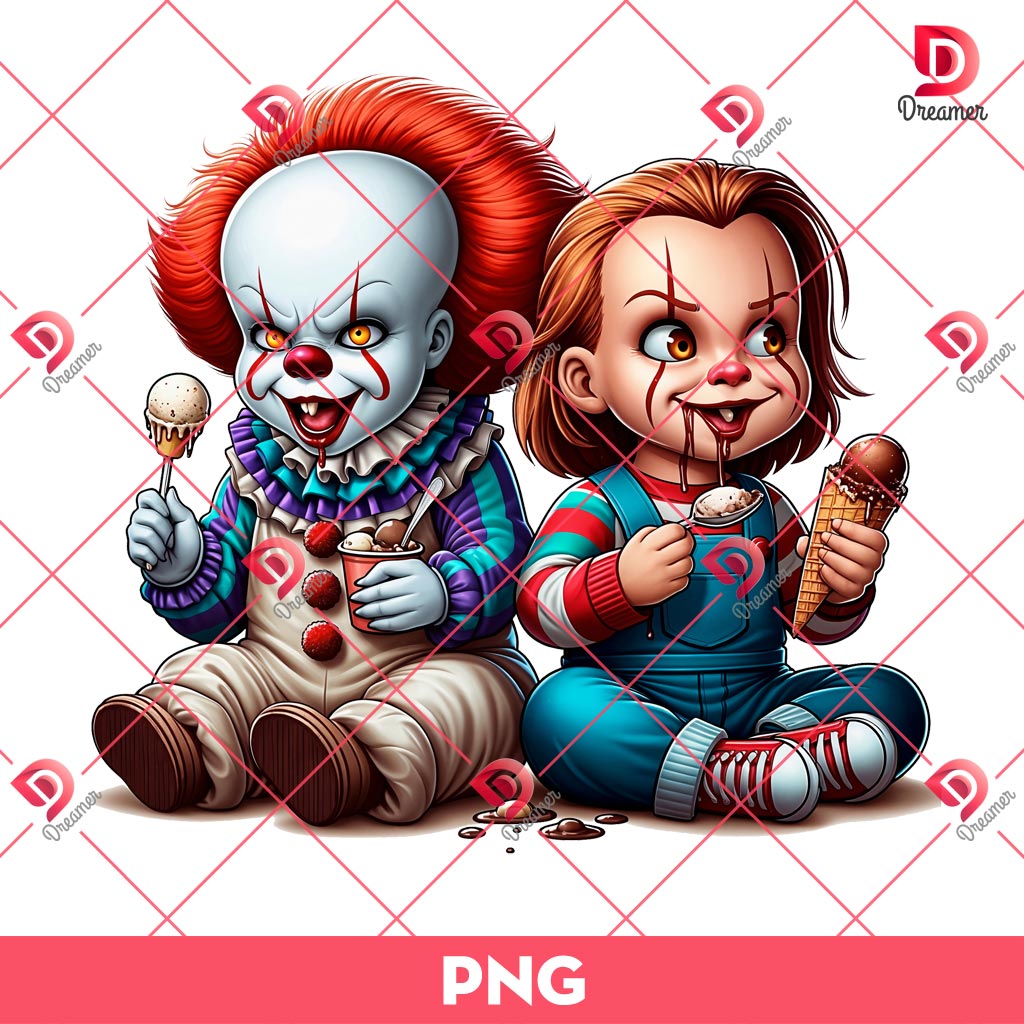 Baby Pennywise And Chucky Doll Eating Ice Cream PNG, Horror Characters PNG, Funny Horror Halloween PNG