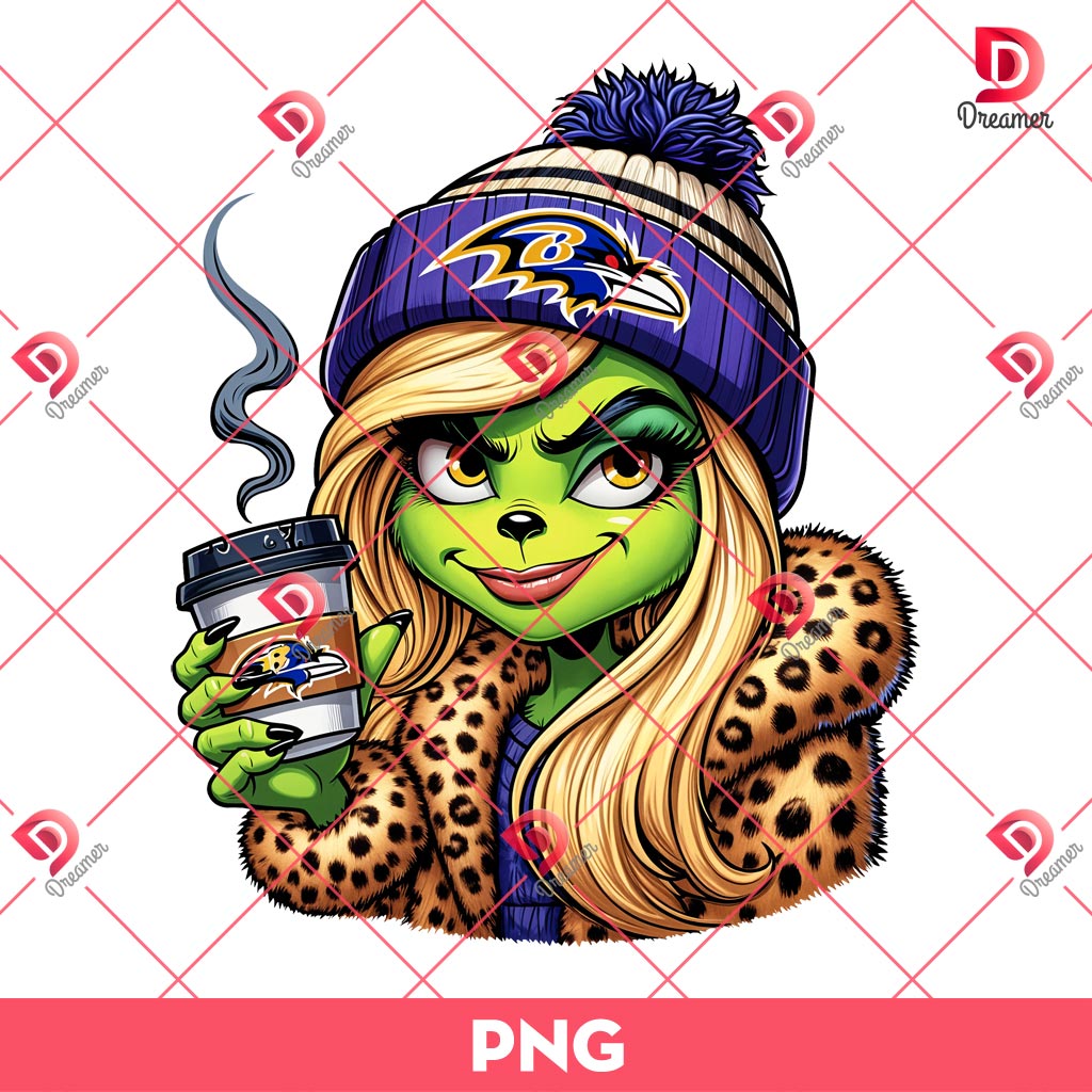 Baltimore Ravens Boujee Grinch Girl PNG, Grinch Girl NFL Football PNG, Grinchmas PNG