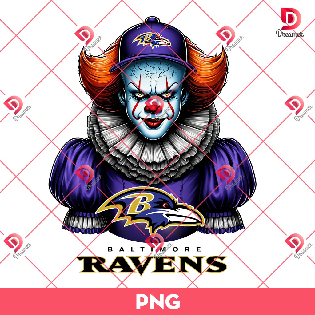 Pennywise Baltimore Ravens PNG, Horror Killer NFL Football PNG, Horror Character Halloween Sport PNG