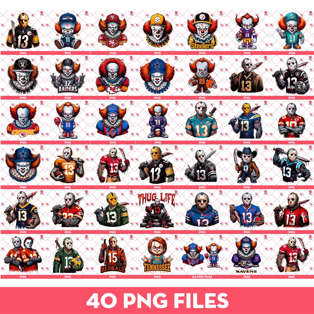 Bundle Horror Killers NFL Sport PNG, Jason Voorhees And Pennywise Football Player PNG Bundle