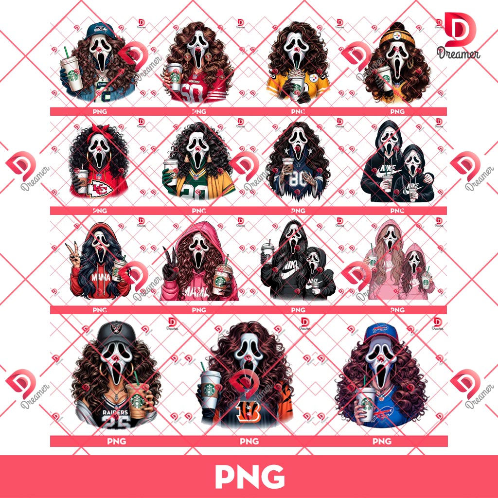 Bundle Mama Ghostface PNG, Mama Ghostface Drinks Coffee Bundle PNG, Mama Ghostface Football PNG Bundle