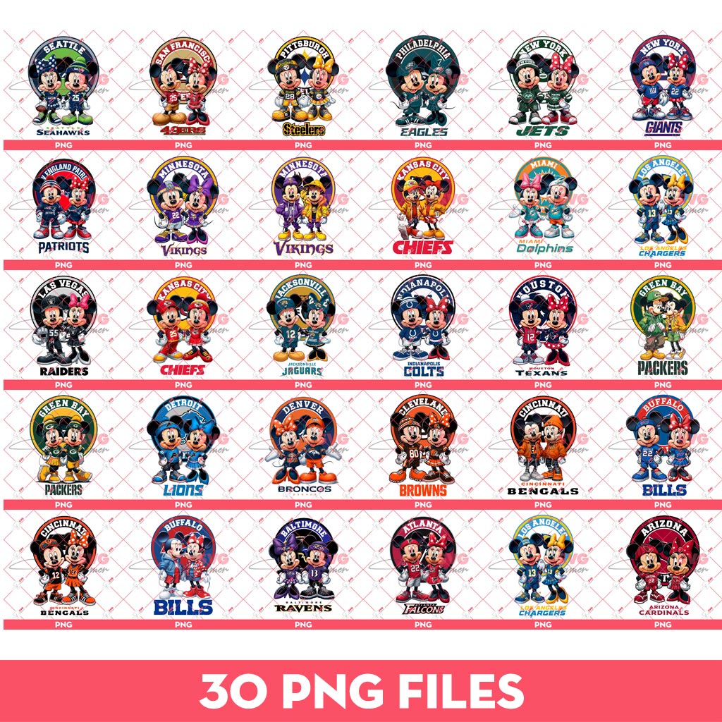 Bundle Mickey And Minnie Football NFL Teams PNG, Disney Mickey Minnie Football Sport Bundle PNG
