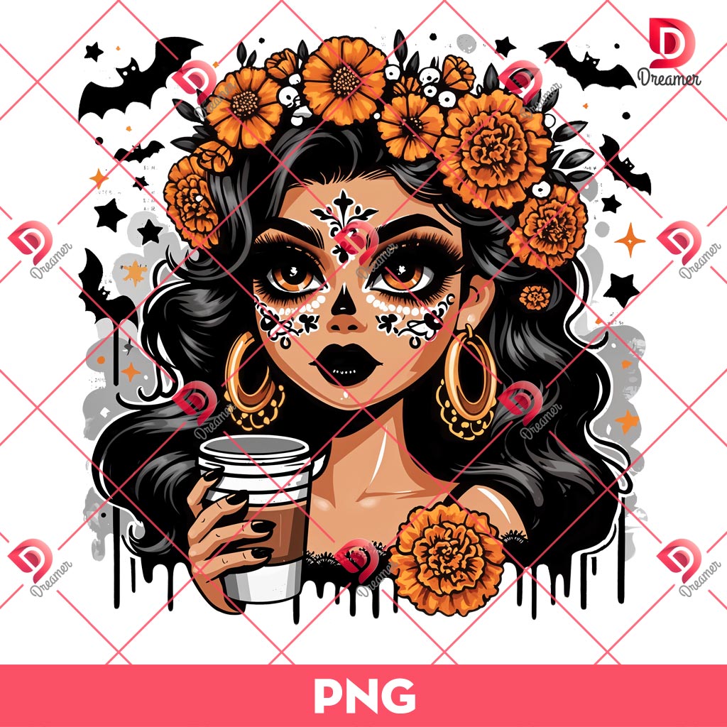 Catrina And Cafecito PNG, Catrina Coffee Halloween PNG