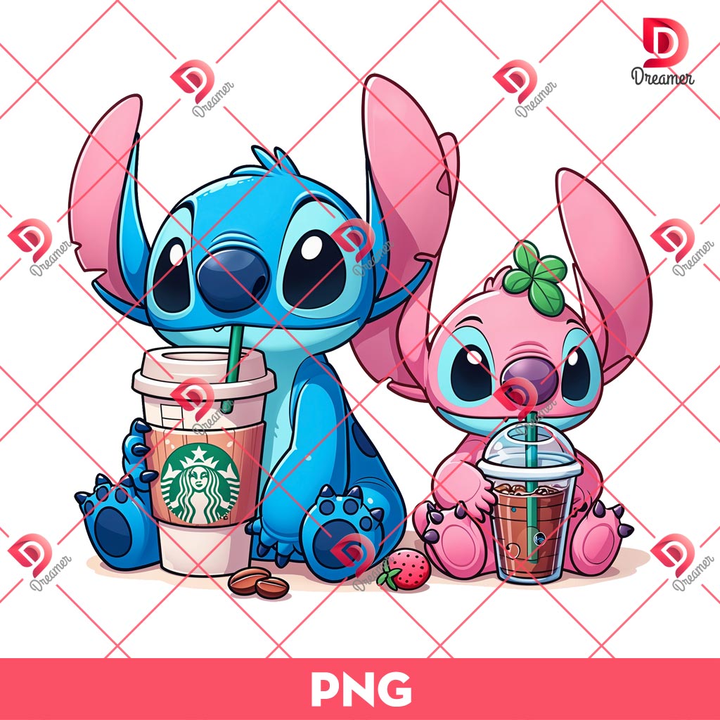 Couple Stitch Drinks Coffee PNG, Couple Stitch Valentine PNG