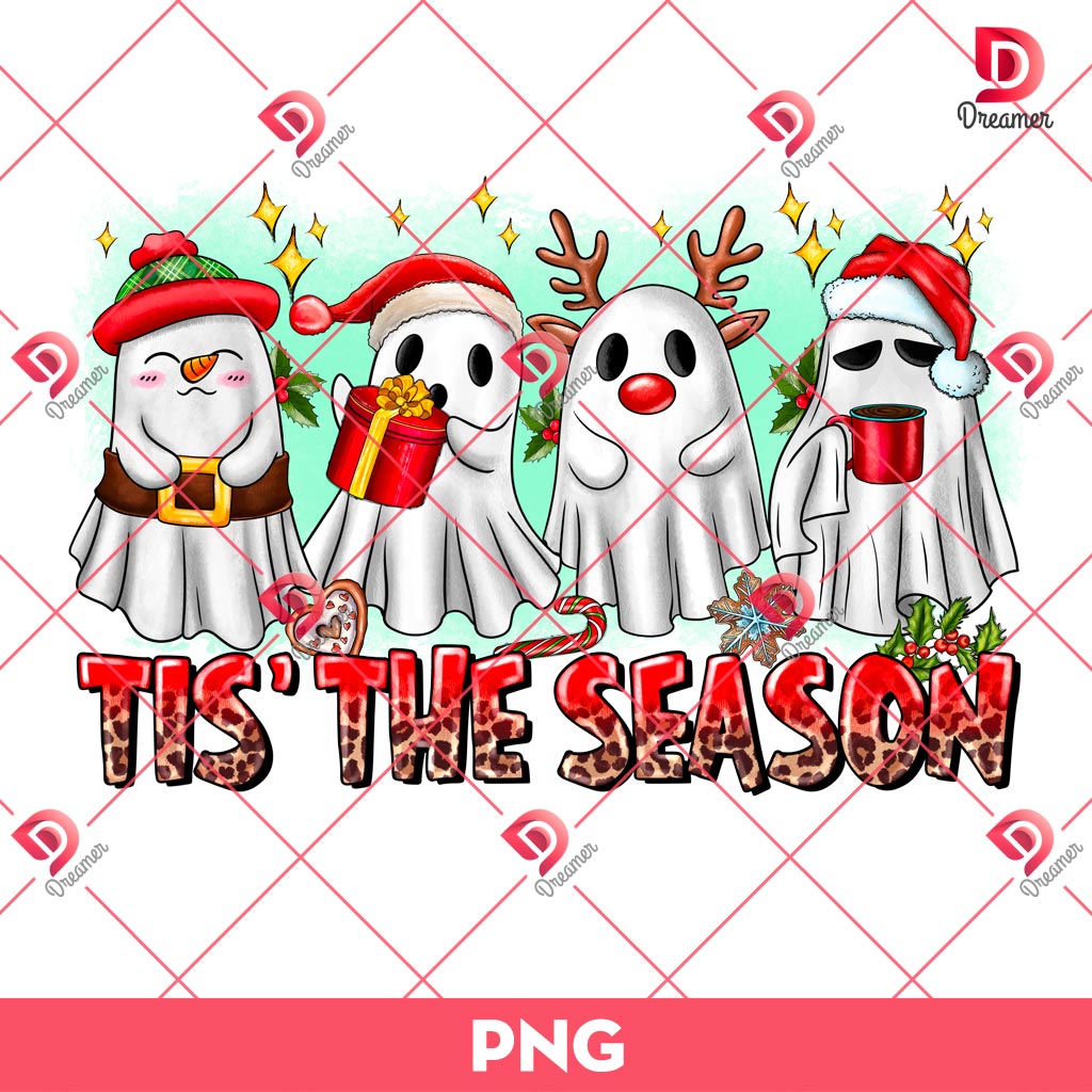 Cute Ghost Tis The Season PNG, Ghost Halloween PNG, Ghost Merry Christmas PNG