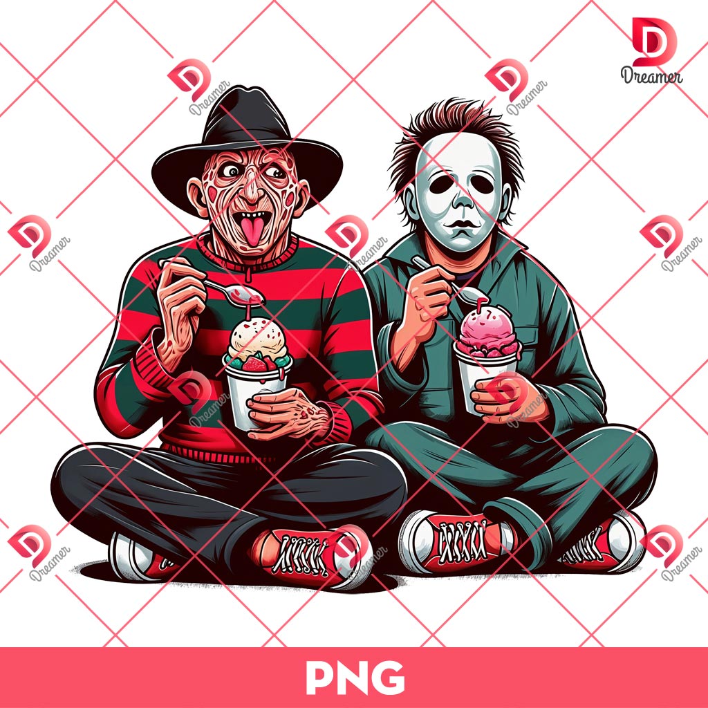 Freddy Krueger And Michael Myers Eating Ice Cream PNG, Horror Killers Halloween PNG