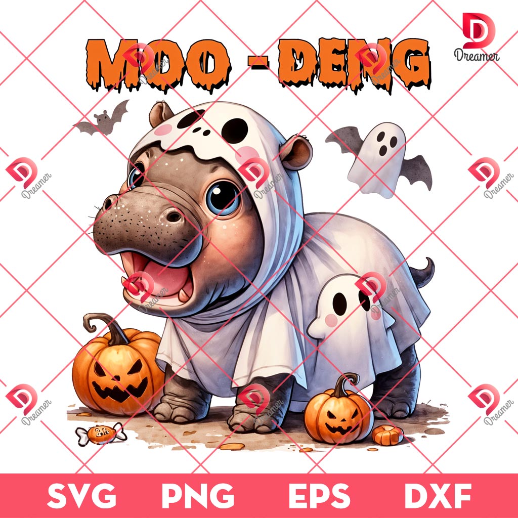 Funny Moo Deng Halloween PNG, Baby Hippo PNG, Lover Moo Deng Hippo PNG