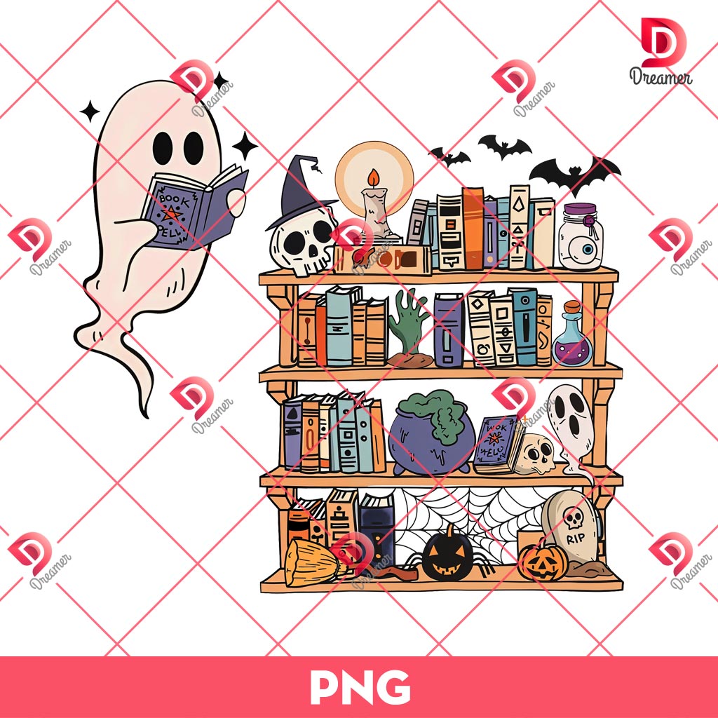 Ghost Book Reader Book PNG, Cute Ghost In Halloween Library PNG